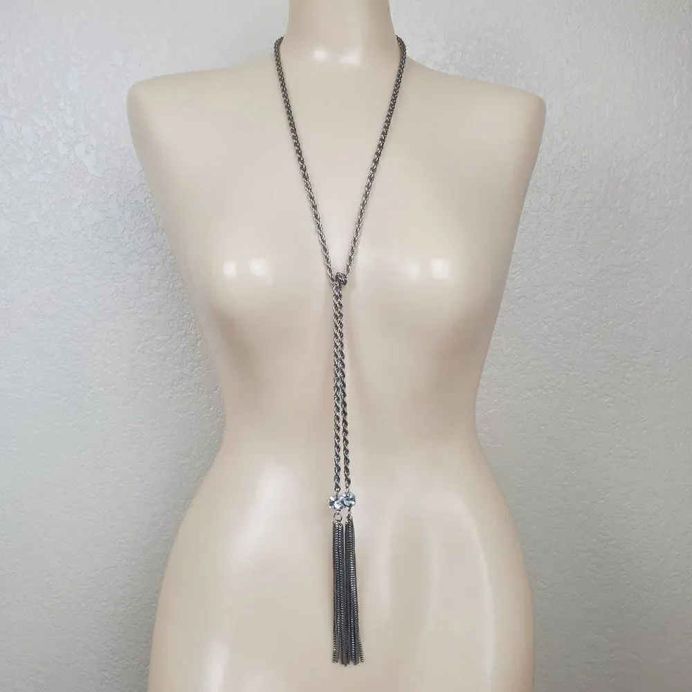 Vintage Silver Tone Rope Chain Box Tassel Round Clear Ball Lariat Opera Necklace